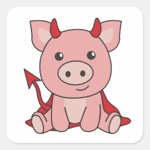 Sticker Carré Cochon Halloween gentil Devil sorcier costume Carr