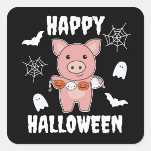 Sticker Carré Cochon Happy Halloween Citrouille Chat Costume Car