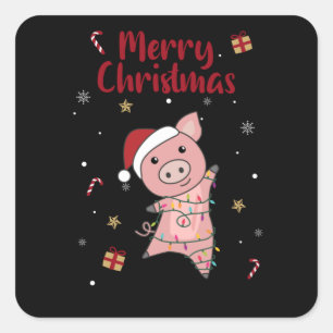 Sticker Carré Cochon Joyeux Noël Animaux Cochons