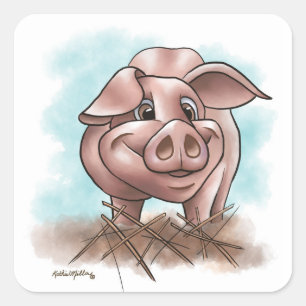 Sticker Carré Cochon Rose dans la Paille Dessin Animé