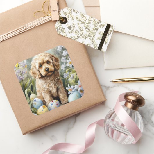 Sticker Carré Cockapoo avec œufs de Pâques vacances (Cadeaux)