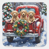 Sticker Carré Cockapoo camion rouge de Noël vacances (Devant)