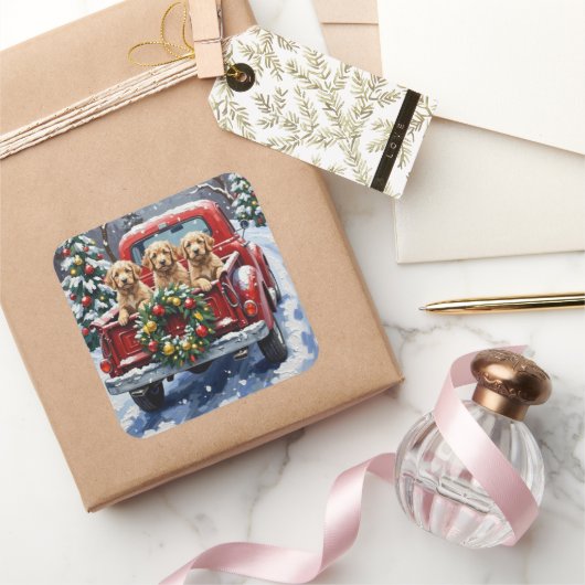 Sticker Carré Cockapoo Christmas Red Truck Holiday (Cadeaux)