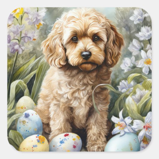 Sticker Carré Cockapou avec les oeufs de Pâques vacances (Devant)