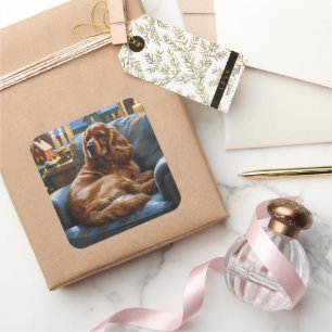 Sticker Carré Cocker Spaniel avec les lumières de Noël