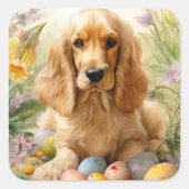 Sticker Carré Cocker Spaniel avec Oeufs de Pâques Fêtes (Devant)