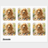 Sticker Carré Cocker Spaniel avec Oeufs de Pâques Fêtes (Feuille)