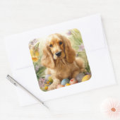 Sticker Carré Cocker Spaniel avec Oeufs de Pâques Fêtes (Enveloppe)
