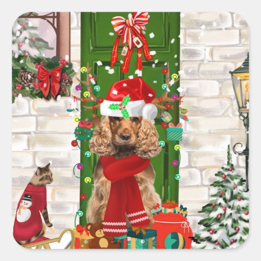 Sticker Carré Cocker Spaniel Chien Noël (Devant)