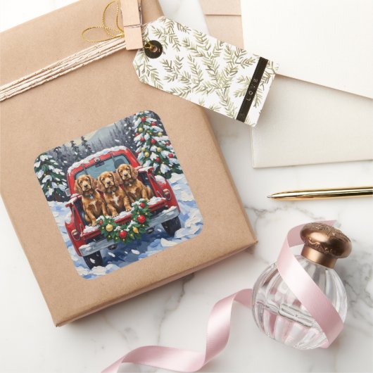 Sticker Carré Cocker Spaniel Christmas Red Truck Holiday (Cadeaux)