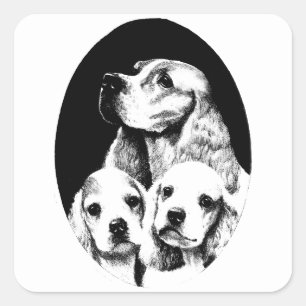 Sticker Carré Cocker Spaniel Maman et chiot chiens art