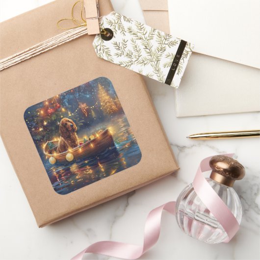 Sticker Carré Cocker Spaniel Noël Festive Voyage (Cadeaux)