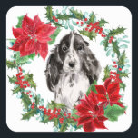 Sticker Carré Cocker Spaniel Poinsettia Christmas Wreath<br><div class="desc">Ces jolis stickers Holiday ont une image vintage d'une fraise sainte et une couronne de poinsettia rouge. Au centre se trouve un beau portrait aquarelle d'un adorable Cocker Spaniel noir et blanc. Parfait pour votre correspondance de Noël ou forfaits cadeaux!</div>
