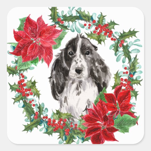 Sticker Carré Cocker Spaniel Poinsettia Christmas Wreath (Devant)