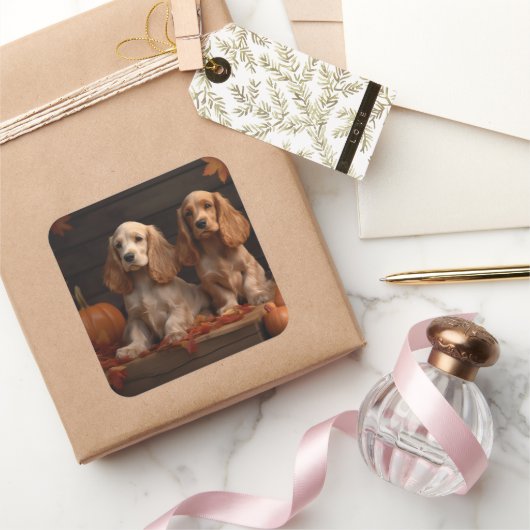 Sticker Carré Cocker Spaniel Puppy Automne Citrouille de plaisir (Cadeaux)