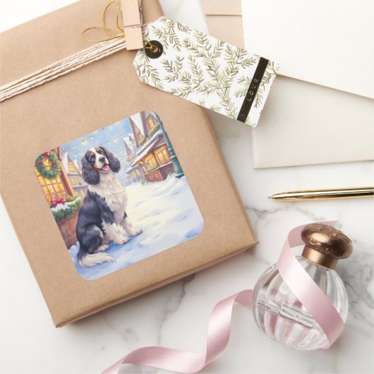 Sticker Carré Cocker Spaniel Snowy Village Christmas Art (Cadeaux)