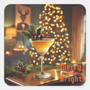 Sticker Carré Cocktail de Noël du milieu du siècle Merry & Brigh