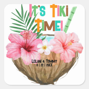 Sticker Carré Cocktail de noix de coco Tropical Tiki Fête de cou
