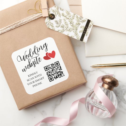 Sticker Carré Code QR du site Web de mariage Deux Cœurs Rouges (Cadeaux)