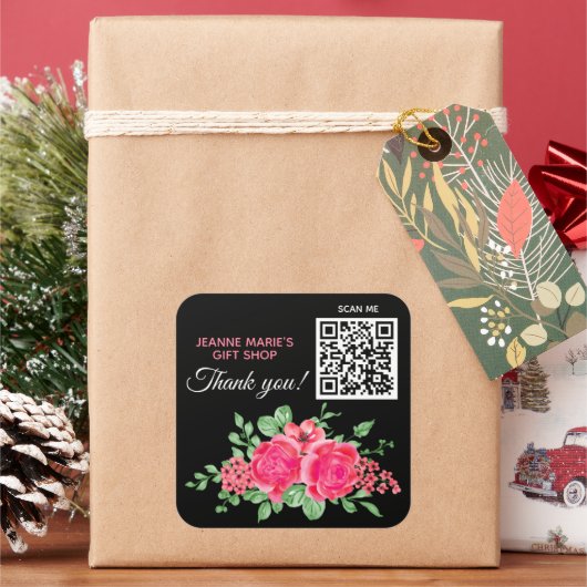 Sticker Carré Code QR élégant Fuchsia Rose Rose Flower Merci (vacances)
