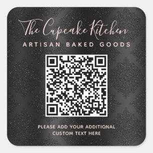 Sticker Carré Code QR Nom de l'entreprise Black Damask Blush Ros