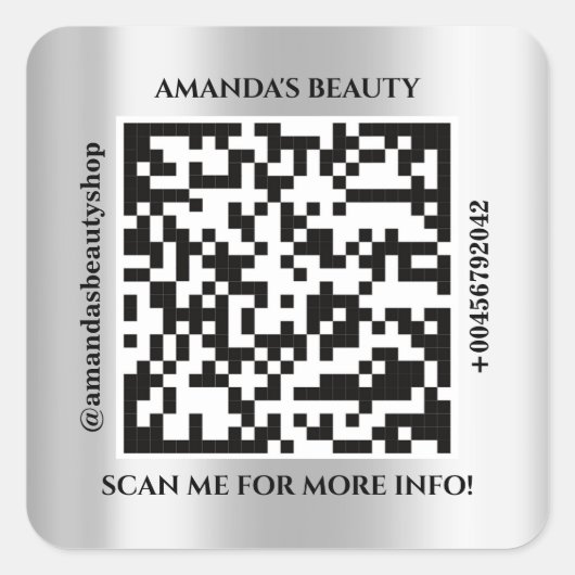 Sticker Carré Code QR Nom promotionnel Contact Adresse Web Gris (Devant)