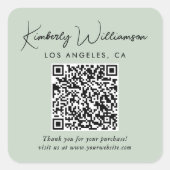 Sticker Carré Code QR Script Élégant Vert Sauge Merci (Devant)