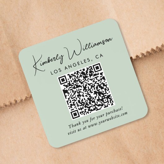 Sticker Carré Code QR Script Élégant Vert Sauge Merci
