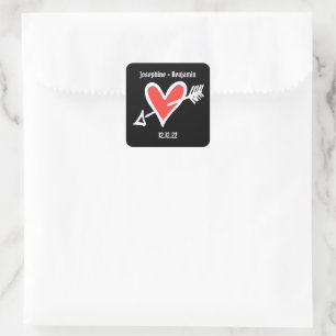 Sticker Carré Coeur d'amour de mariage personnalisé Noir & Rouge