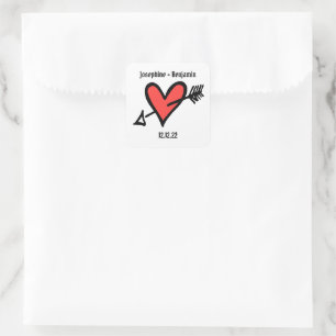 Sticker Carré Coeur d'amour de mariage personnalisé Noir & Rouge