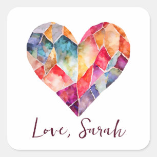 Sticker Carré Cœur de diamant aquarelle pour une charmante