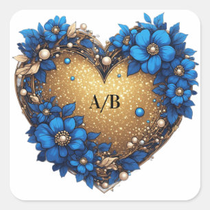 Sticker Carré 💙 Cœur de Fleur Bleu Romantique Garde de Mariage