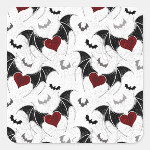 Sticker Carré Coeur d'Halloween avec ailes de chauve-souris noir