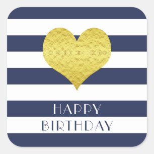 Sticker Carré Cœur Doré Rayures Bleues Joyeux Anniversaire