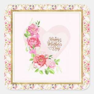 Sticker Carré Cœur Élégant Bonne Fête des Mères – Rose Florale