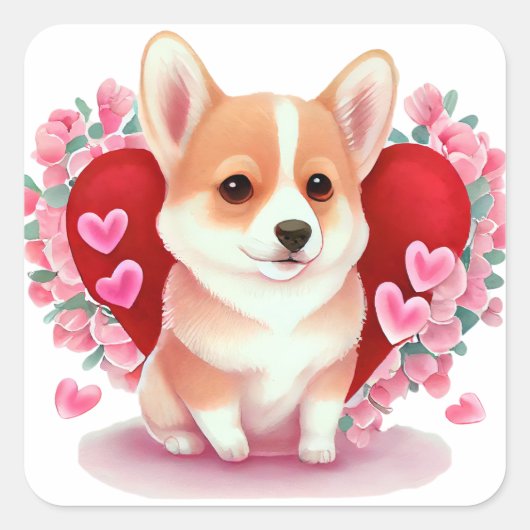 Sticker Carré Coeur mignon Corgi Chien Valentine (Devant)