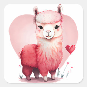 Sticker Carré Cœur Mignon Lama Rose Saint-Valentin