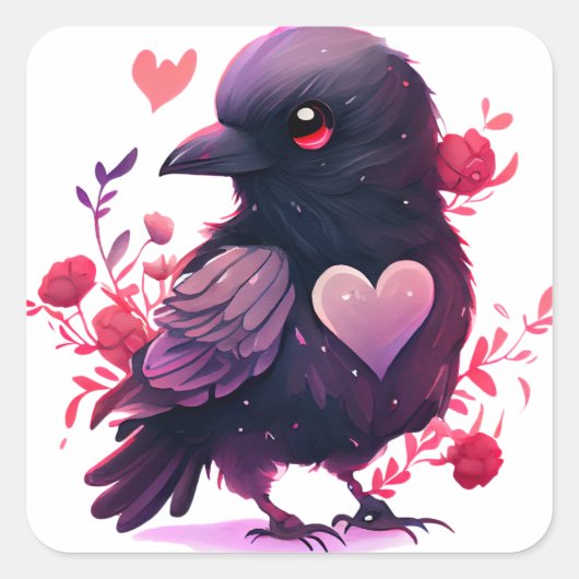 Sticker Carré Coeur mignon Oiseau noir Saint-Valentin (Devant)