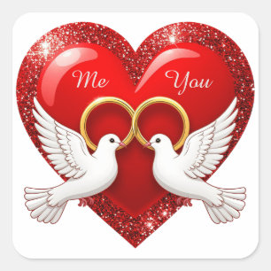 Sticker Carré Cœur Pailleté Rouge Avec Anneaux de Mariage Entrel