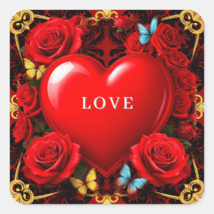 Sticker Carré Cœur rouge romantique encadré de roses et de papil