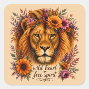 Sticker Carré Cœur Sauvage Esprit Libre Art Boho Floral Lion