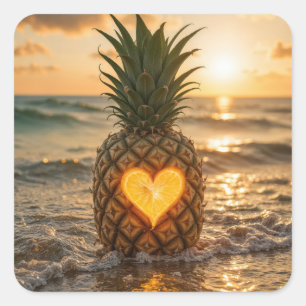 Sticker Carré Cœur sculpté dans un ananas sur une plage