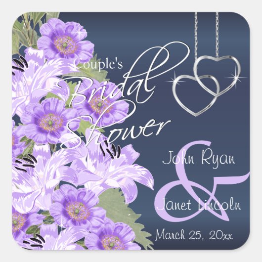 Sticker Carré Coeurs d'argent sur Lavender & Navy Satin (Devant)