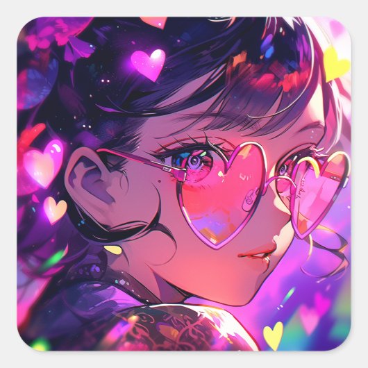 Sticker Carré Coeurs de fille Anime (Devant)