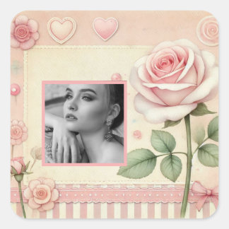 Sticker Carré Cœurs de rose rose vintage floral photo aquarelle