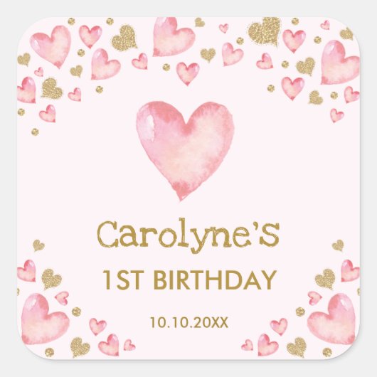 Sticker Carré Coeurs d'or rose Baby shower d'anniversaire amoure (Devant)