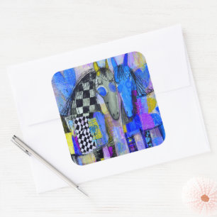 Sticker Carré Cœurs Enjoués Et Chevaux à Damier