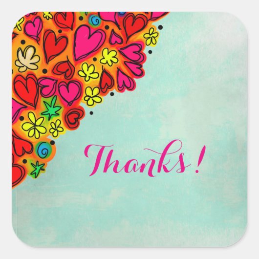 Sticker Carré Coeurs et fleurs de doodle à main mignonne Merci (Devant)