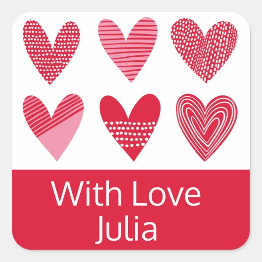 Sticker Carré Coeurs mignons en rouge et rose avec texte (Devant)