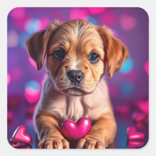 Sticker Carré Coeurs roses chiots
